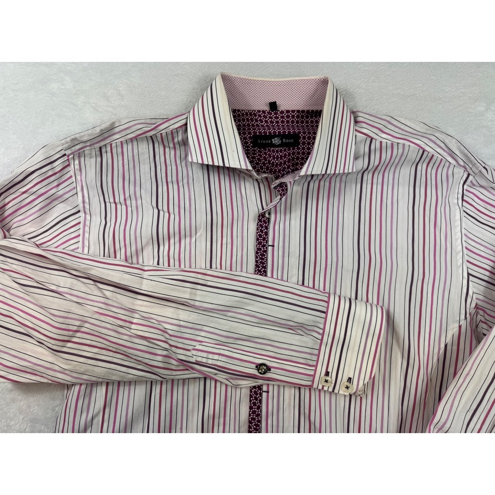 Stone Rose Mens XL White Purple Striped Long Sleeve Button Down Cotton Shirt